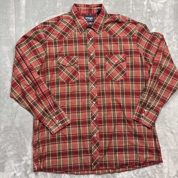 WRANGLER WESTERN PEARL SNAP SHIRT RED ORANGE PLAID MENS 2XLT BIG POCKETED - Picture 1 of 6